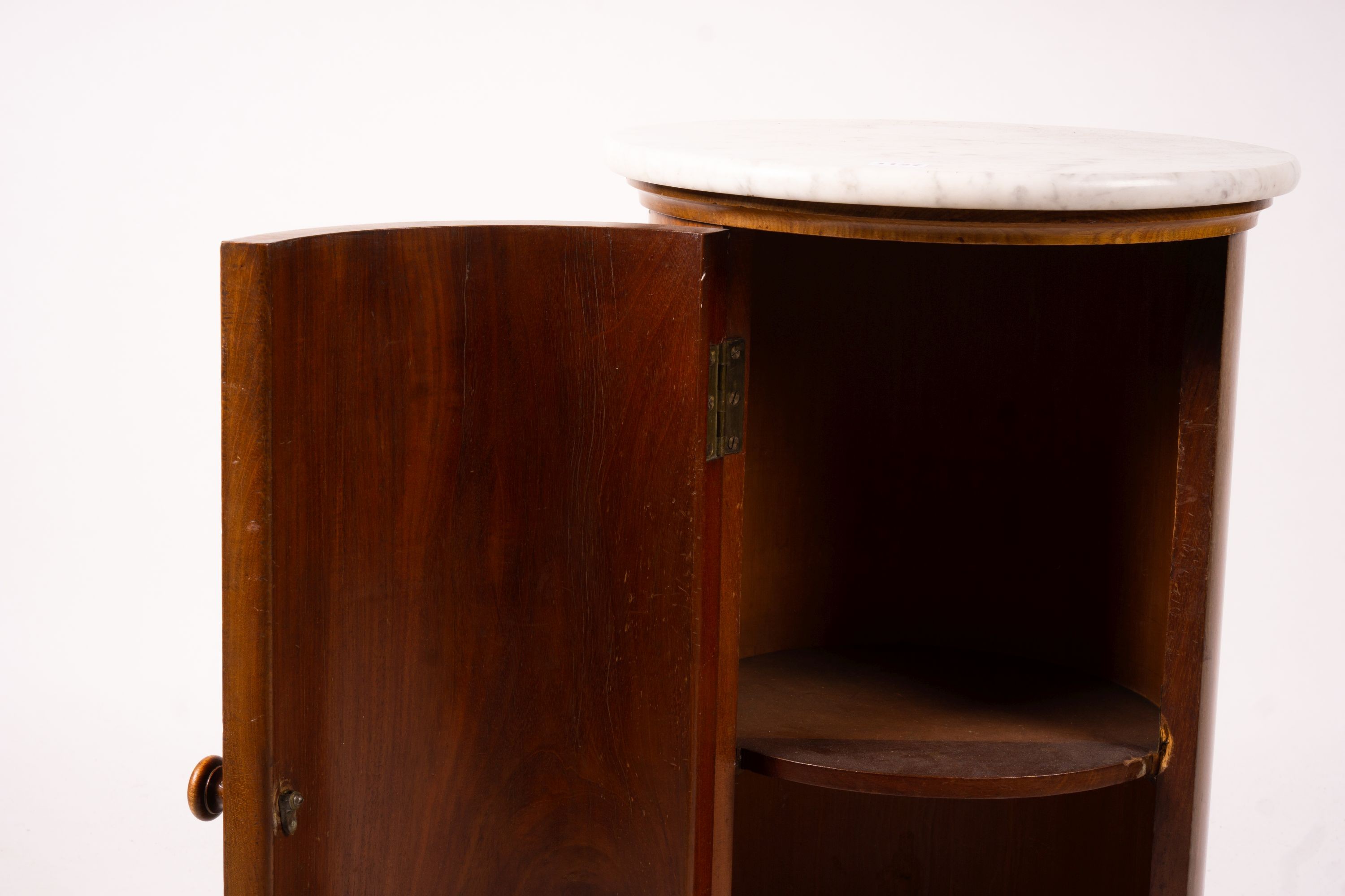 A Victorian marble top mahogany cylindrical pot cupboard, diameter 41cm, height 79cm